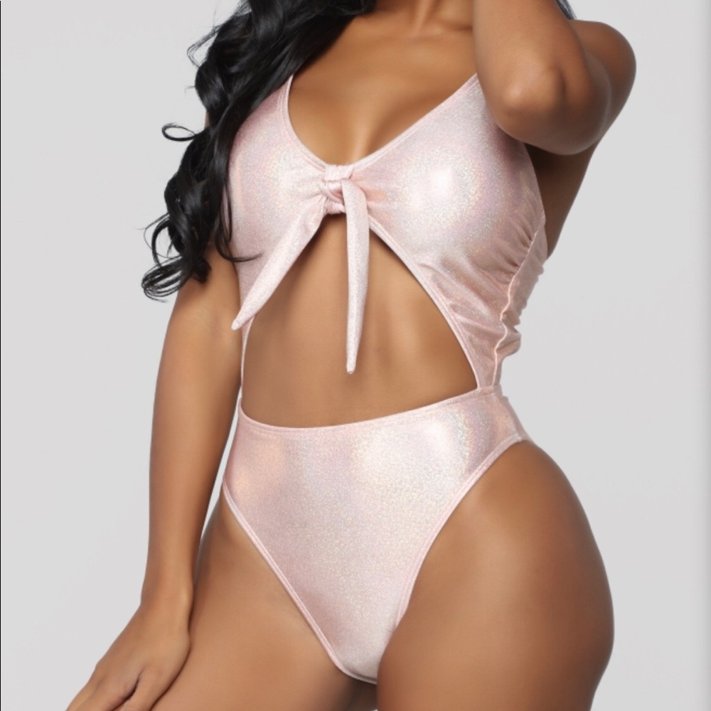 Fashion Nova one piece sparkle tie front swimsuit - pink size S